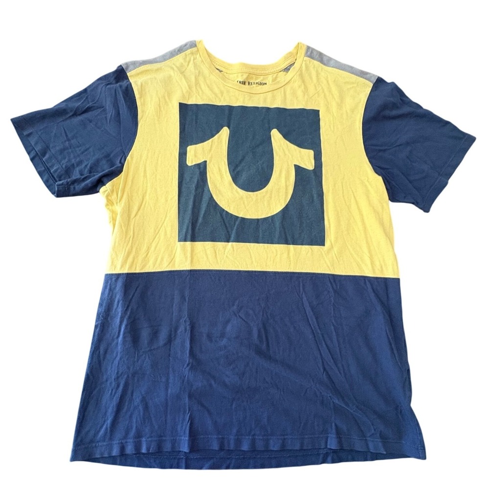 True Religion Mens Colorblock Horseshoe Logo Graphic T-Shirt Yellow Navy Blue L